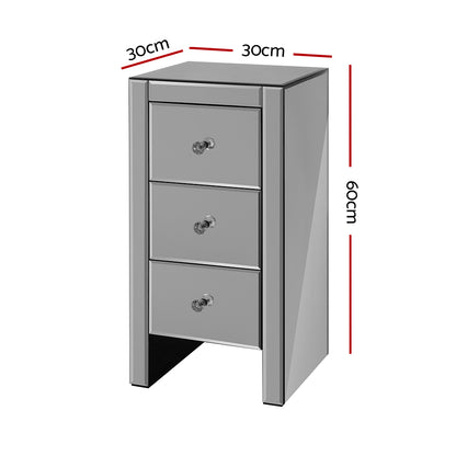 Bedside Table 3 Drawers Mirrored Glass - Quenn Grey