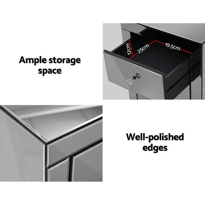 Bedside Table 3 Drawers Mirrored Glass - Quenn Grey