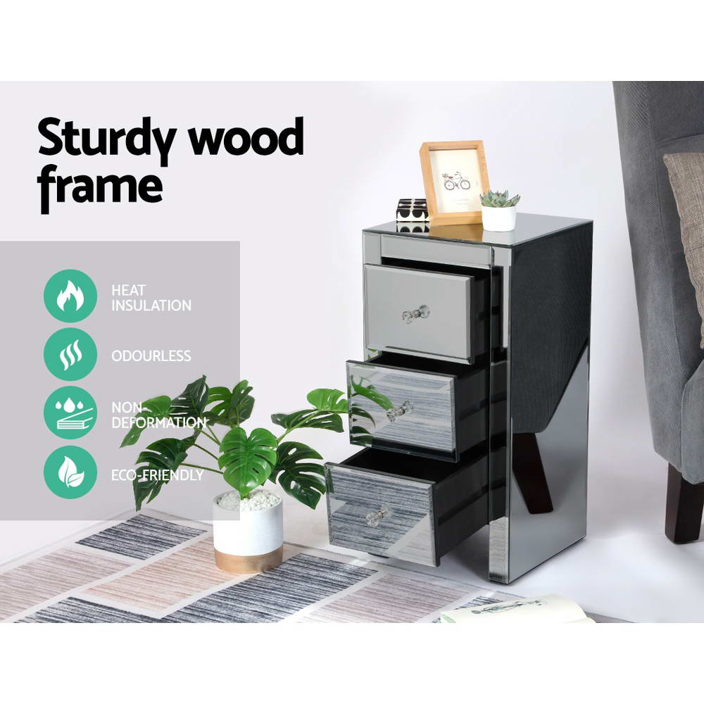 Bedside Table 3 Drawers Mirrored Glass - Quenn Grey