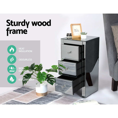 Bedside Table 3 Drawers Mirrored Glass - Quenn Grey