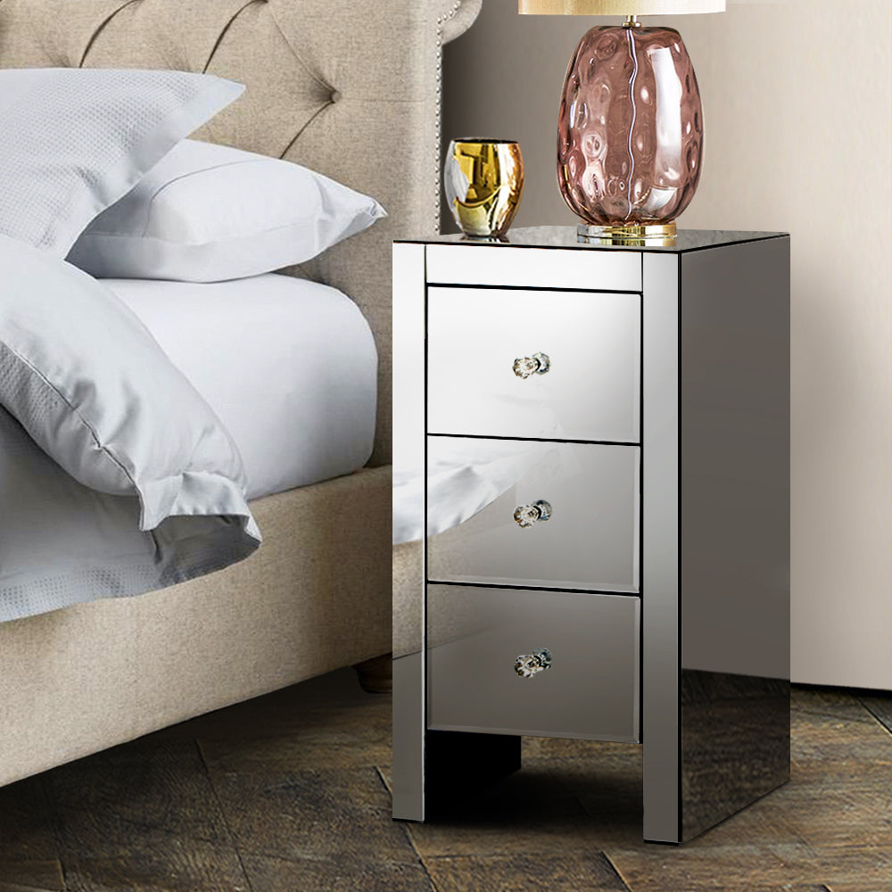 Bedside Table 3 Drawers Mirrored Glass - Quenn Grey