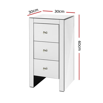 Bedside Table 3 Drawers Mirrored - Quenn Silver