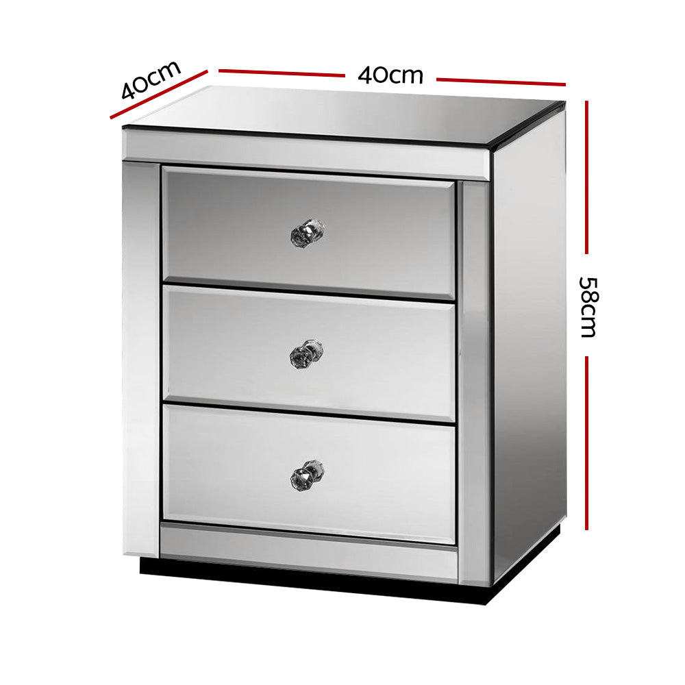 Bedside Table 3 Drawers Mirrored - Presia Grey