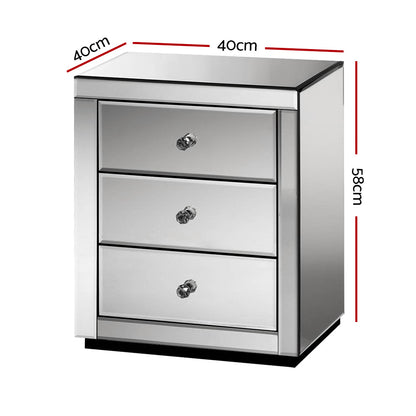 Bedside Table 3 Drawers Mirrored - Presia Grey