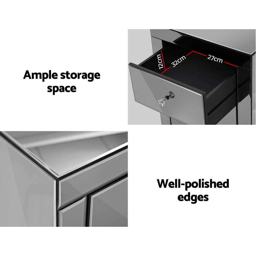 Bedside Table 3 Drawers Mirrored - Presia Grey