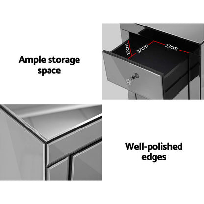 Bedside Table 3 Drawers Mirrored - Presia Grey