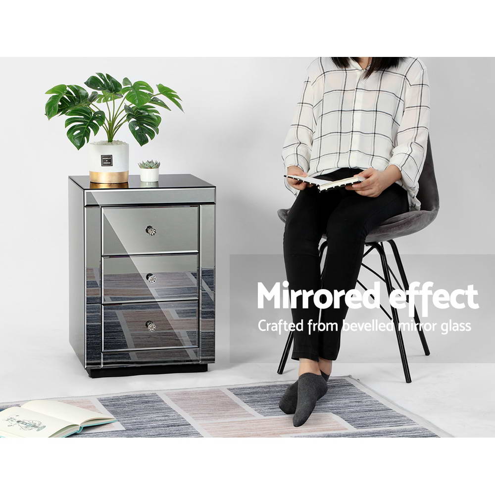 Bedside Table 3 Drawers Mirrored - Presia Grey