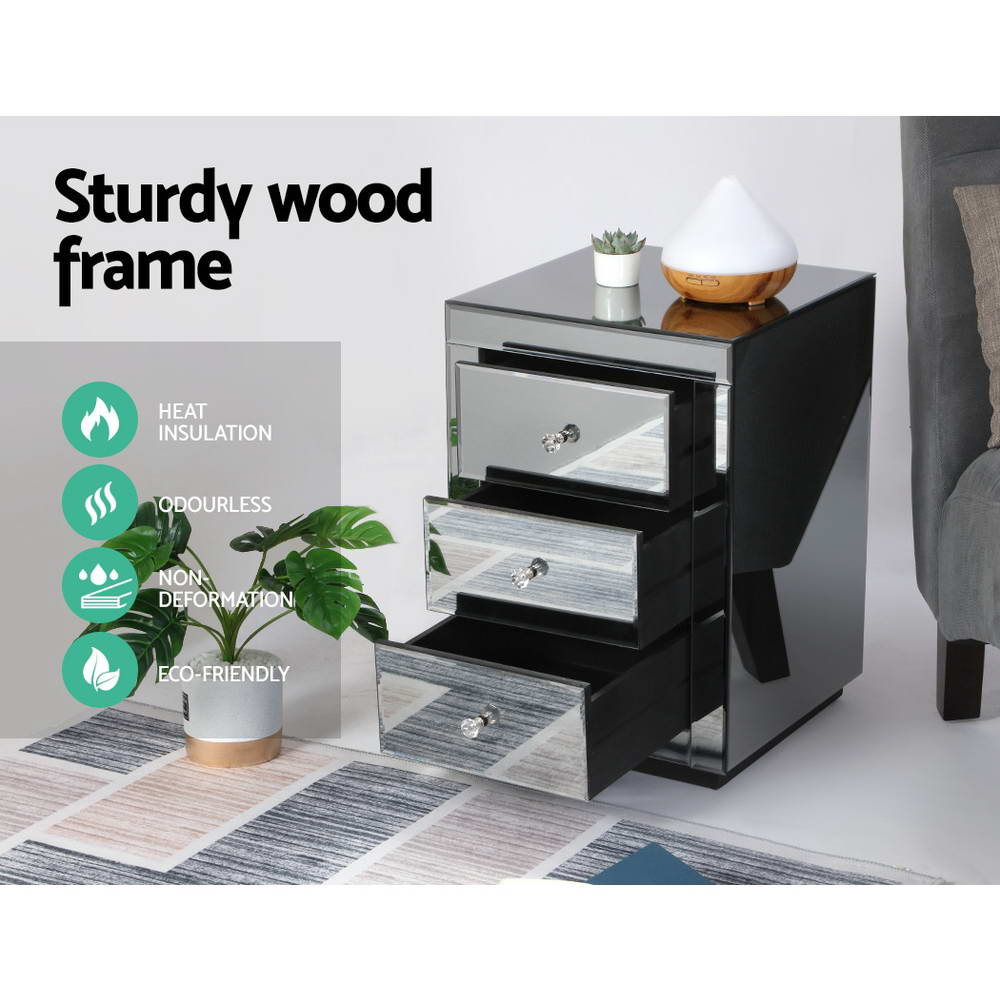 Bedside Table 3 Drawers Mirrored - Presia Grey