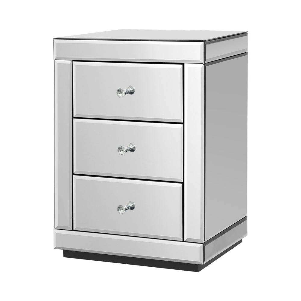 Bedside Table 3 Drawers Mirrored - Presia Silver