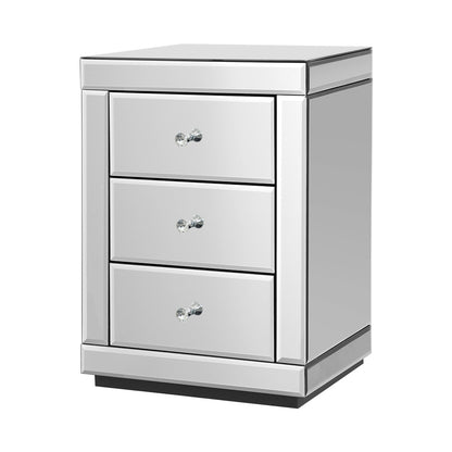 Bedside Table 3 Drawers Mirrored - Presia Silver