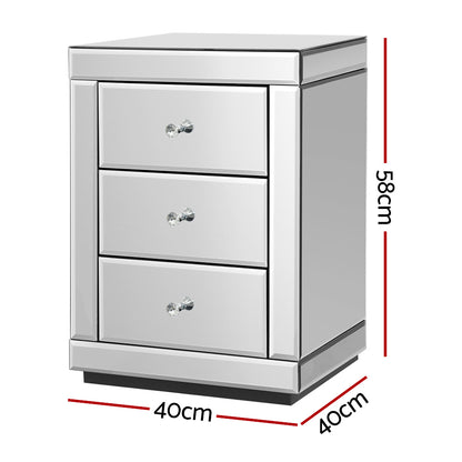 Bedside Table 3 Drawers Mirrored - Presia Silver