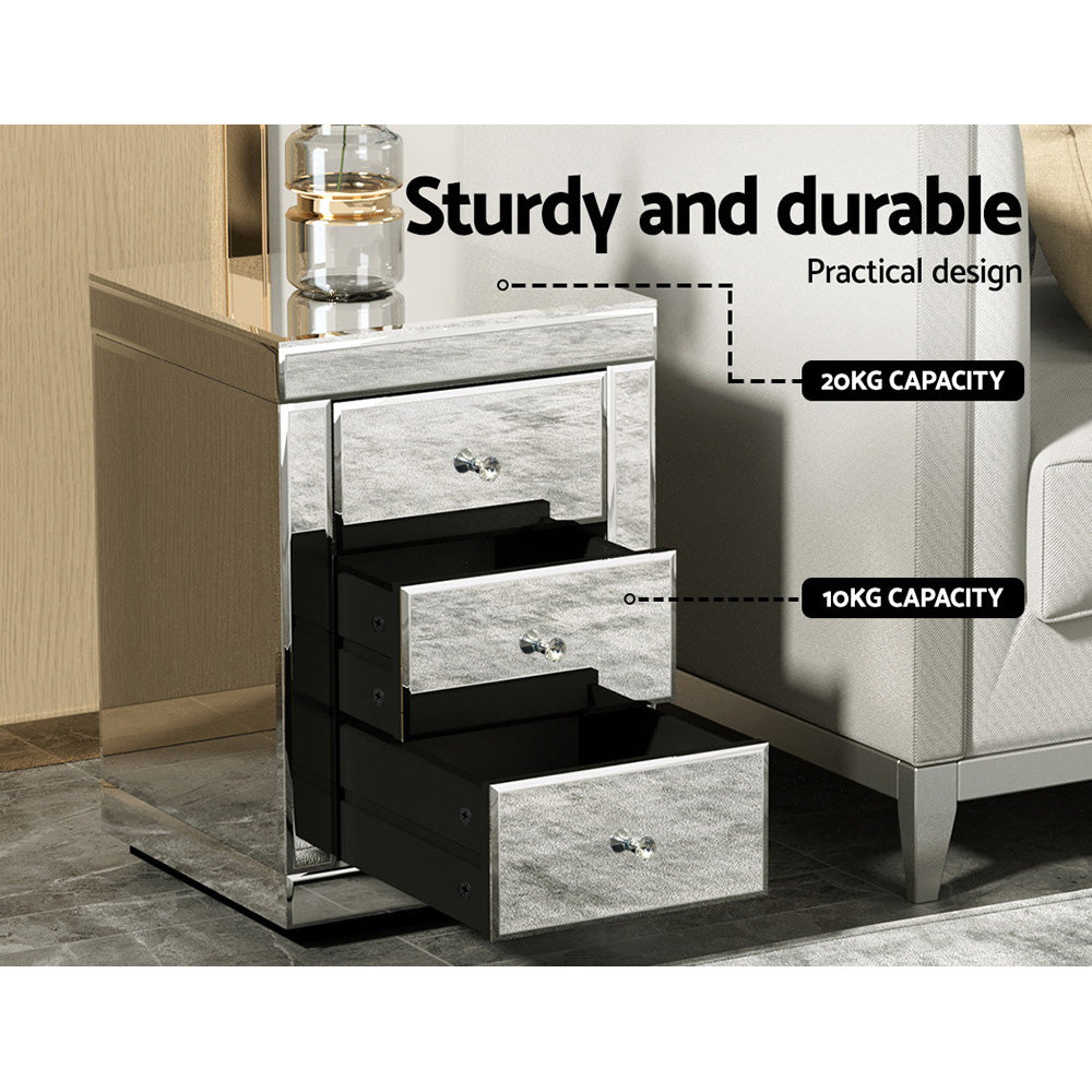 Bedside Table 3 Drawers Mirrored - Presia Silver