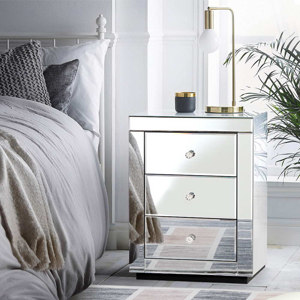 Bedside Table 3 Drawers Mirrored - Presia Silver