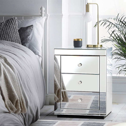 Bedside Table 3 Drawers Mirrored - Presia Silver
