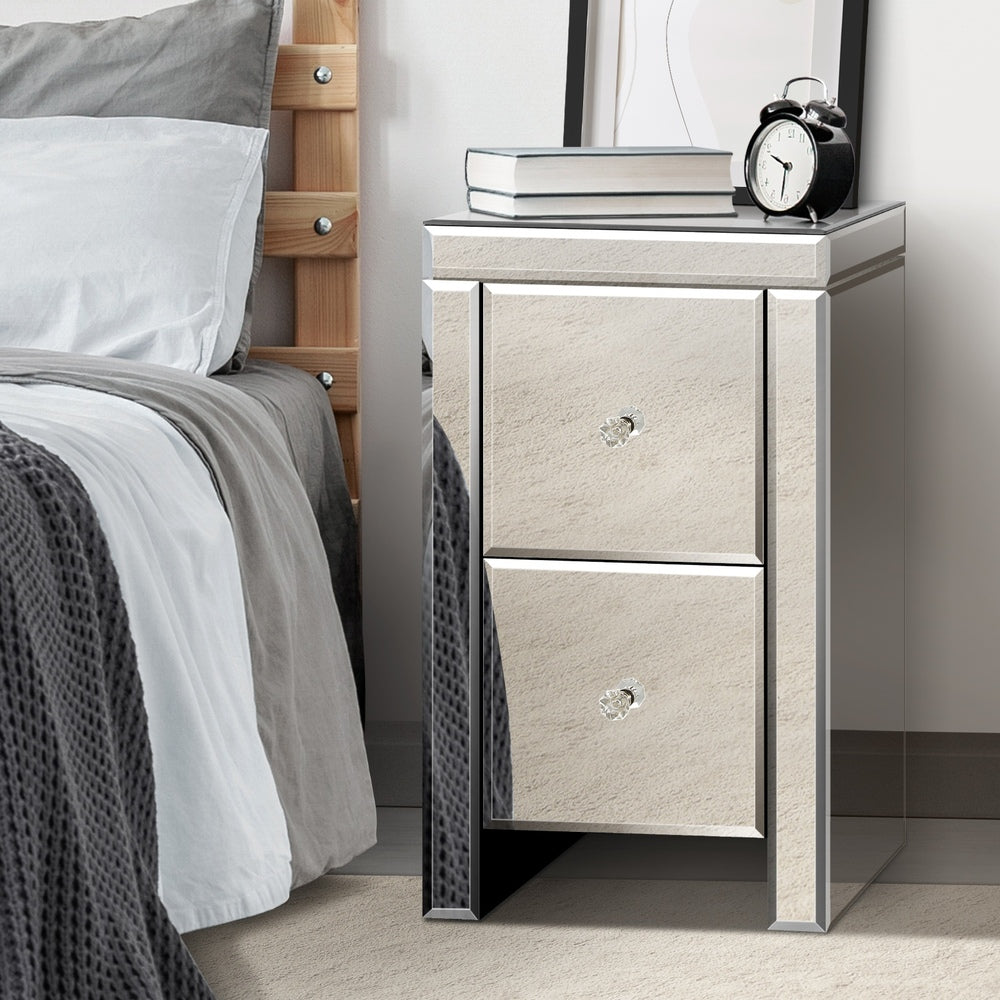 Bedside Table, 2 Drawers Mirrored Nightstand Bedroom Storage Cabiner End Table