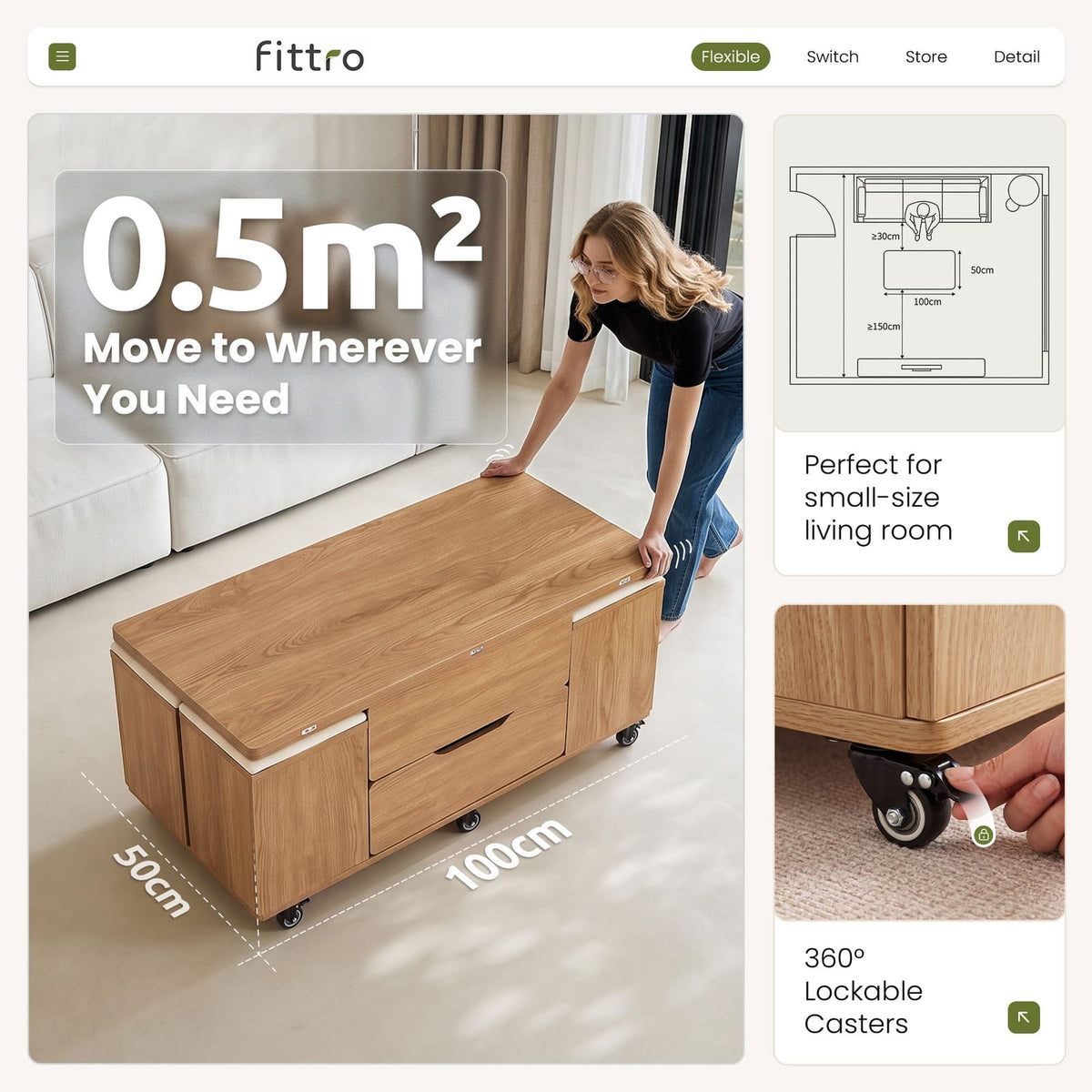 Lift Top Coffee Table With Storage 100x100cm