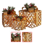 Set of 3 Christmas Gift Boxes Display With Lights in Champagne and Gold