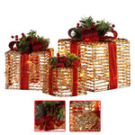 Set of 3 Christmas Gift Boxes with Lights - Champagne with Red Bows