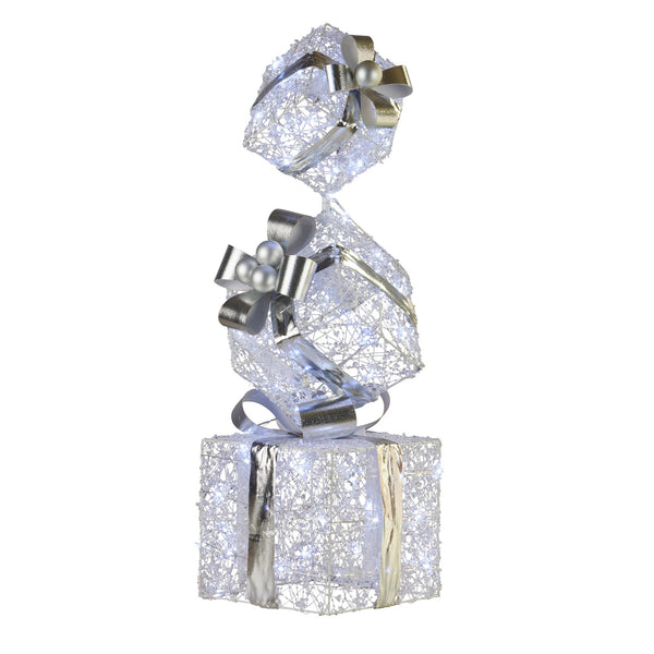  83cm Triple Christmas Silver Giftbox Stack Display with Lights