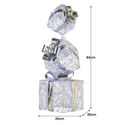 83cm Triple Christmas Silver Giftbox Stack Display with Lights