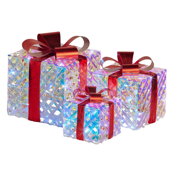  Set of 3 Christmas Gift Boxes Display With Lights in Clear Shimmer and Red