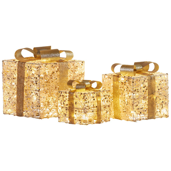  Set of 3 LED Golden Christmas Gift Boxes