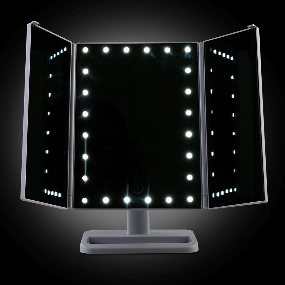 Makeup Mirror With 24 Led Light Tri-Fold Dimmable Tabletop Storage