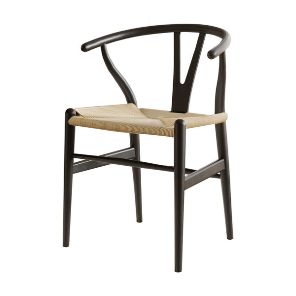  1X Dining Chair Wooden Rattan Wishbone Black