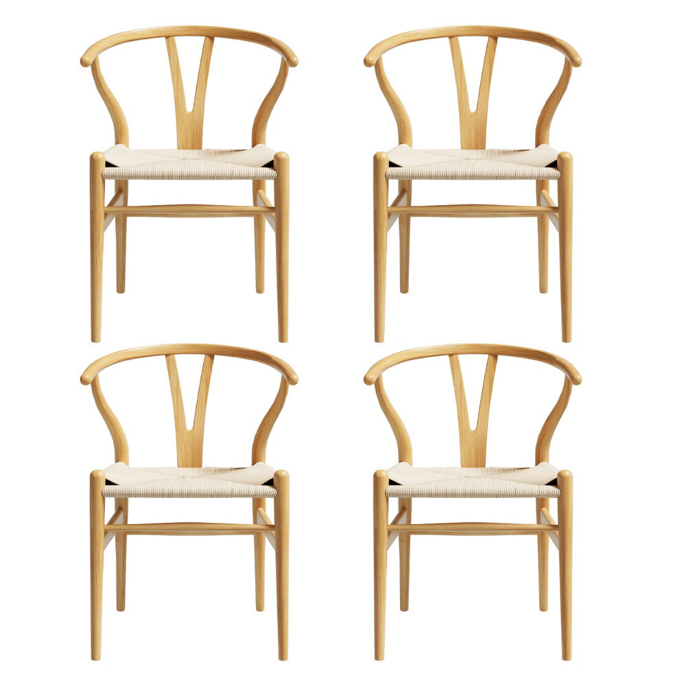 2 Set of 4 Dining Chairs Wooden Rattan Seat Wishbone Back