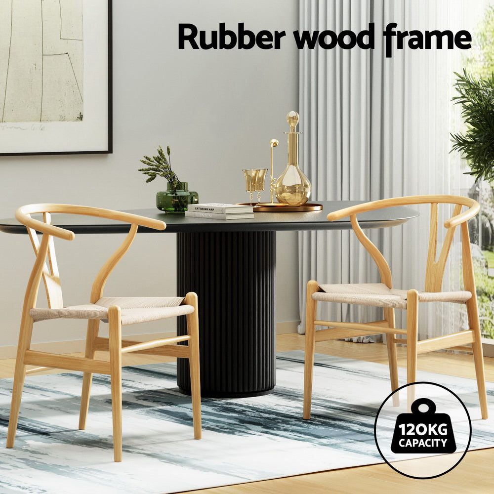 2 Set of 6 Dining Chairs Wooden Rattan Seat Wishbone Back