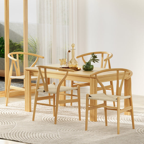  Dining Chairs Wooden Rattan Seat Wishbone Back