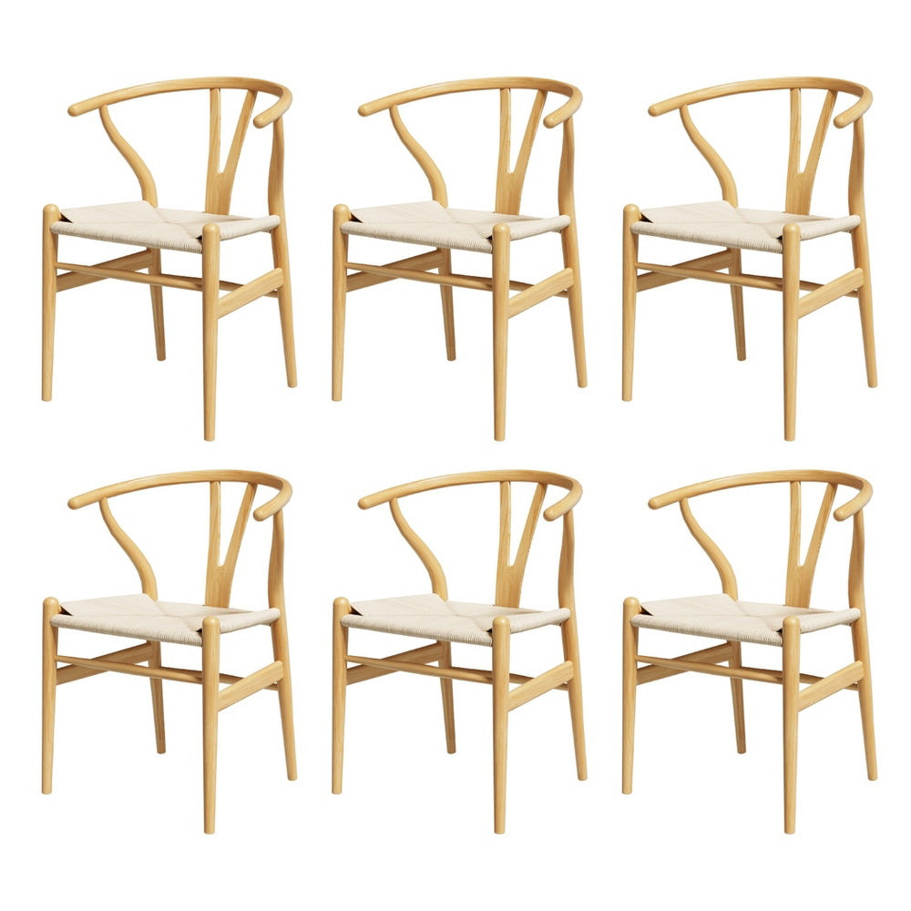 4 Set of 6 Dining Chairs Wooden Rattan Seat Wishbone Back