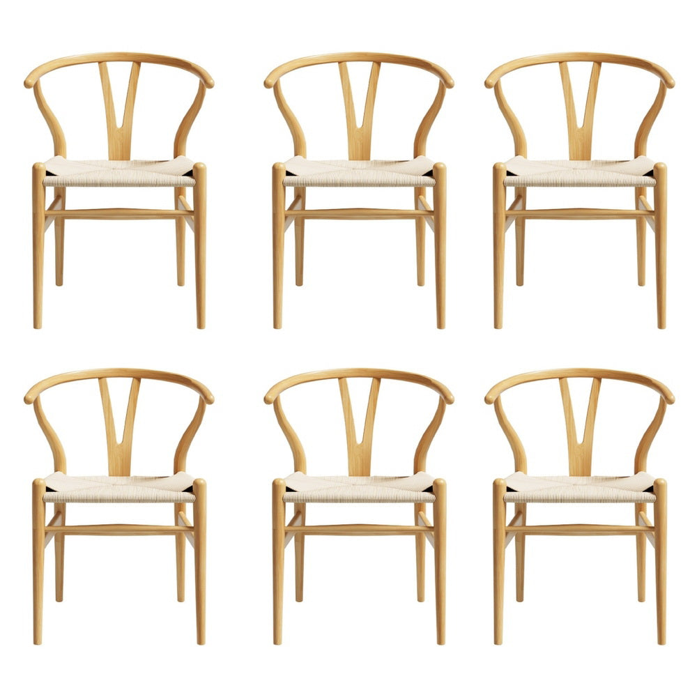 5 Set of 6 Dining Chairs Wooden Rattan Seat Wishbone Back