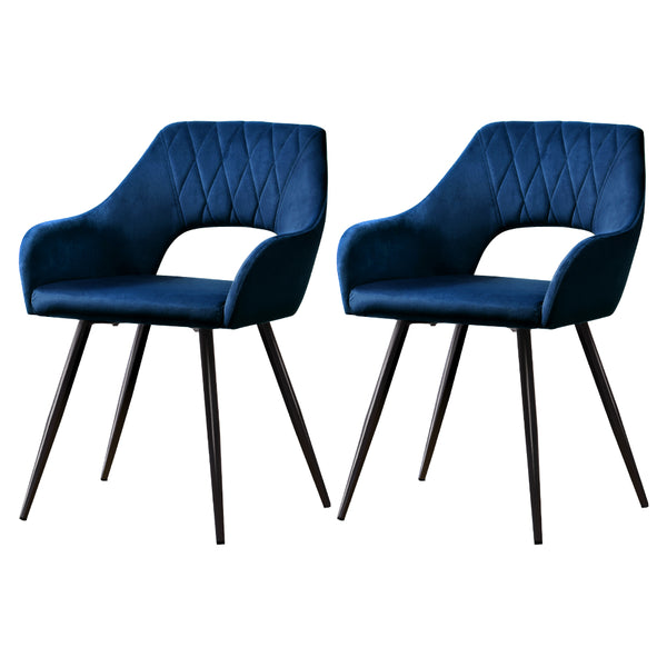  Dining Chairs Set of 2 Velvet Hollow Armchair Blue