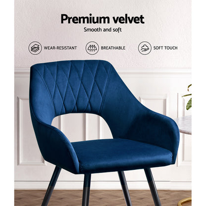 Dining Chairs Set of 2 Velvet Hollow Armchair Blue