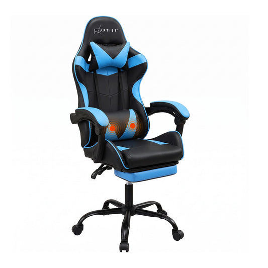 2 Point Massage Gaming Office Chair Footrest Cyan Blue