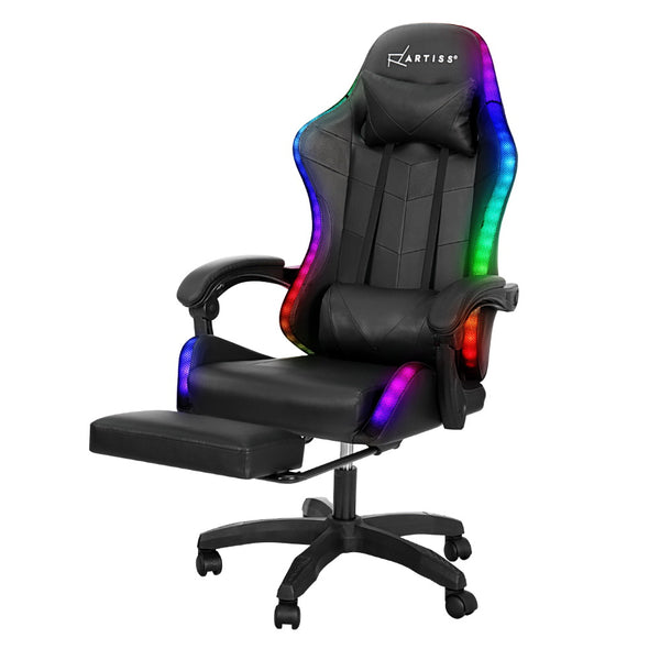  6 Point Massage Gaming Office Chair 7 LED Footrest Black