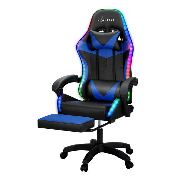  6 Point Massage Gaming Office Chair 7 LED Footrest Blue