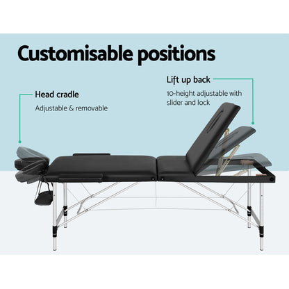 Massage Table 65Cm Portable 3 Fold Aluminium Beauty Bed Black