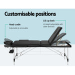 Massage Table 65Cm Portable 3 Fold Aluminium Beauty Bed Black