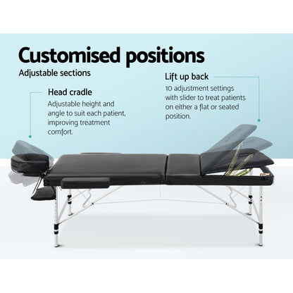 Massage Table 75Cm Portable 3 Fold Aluminium Beauty Bed Black