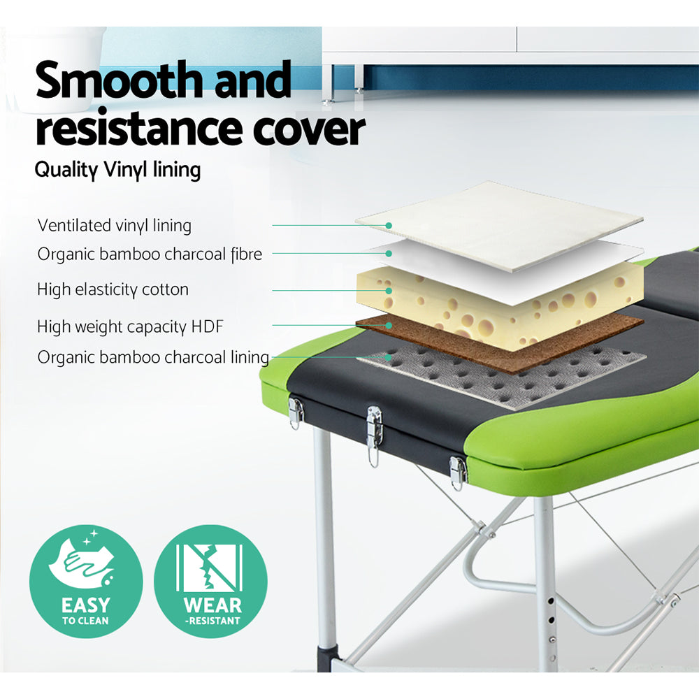 Massage Table 75Cm Portable 3 Fold Aluminium Beauty Bed Green
