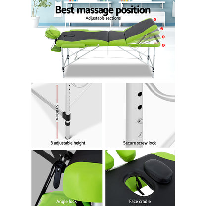 Massage Table 75Cm Portable 3 Fold Aluminium Beauty Bed Green