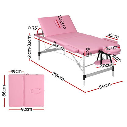 Massage Table 85Cm Portable 3 Fold Aluminium Beauty Bed Black