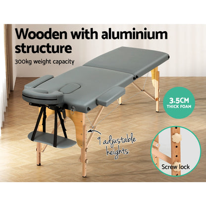 Massage Table 56Cm Portable 2 Fold Wooden Beauty Bed Grey