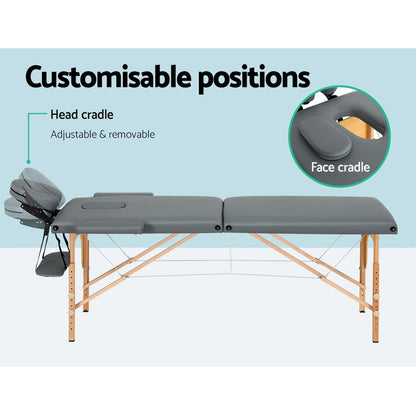 Massage Table 56Cm Portable 2 Fold Wooden Beauty Bed Grey