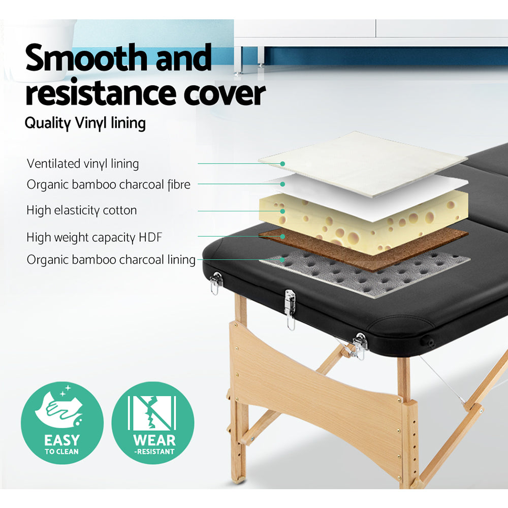 Massage Table 70Cm Portable 3 Fold Wooden Beauty Bed Black