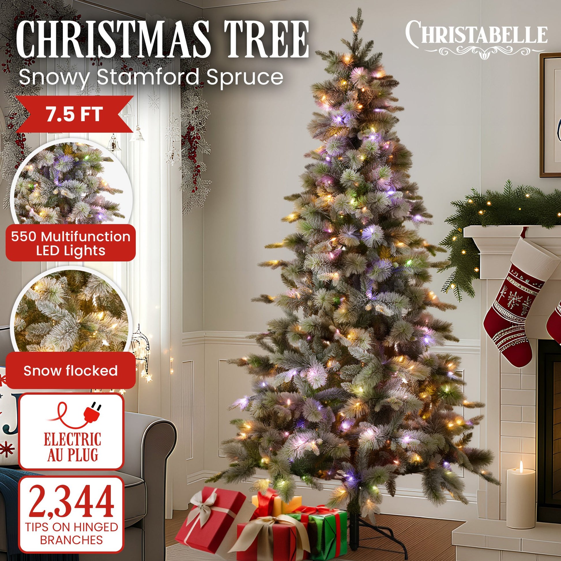 Snowy Stamford Spruce 7.5ft Christmas Tree Multi Functional White Coloured LED Lig