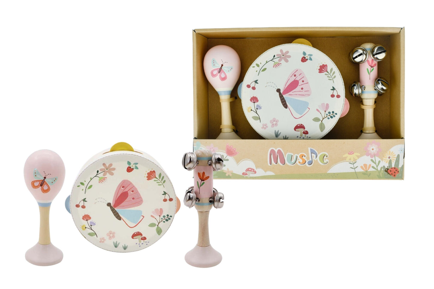 Wooden spring insect butterfly music 3 pc set