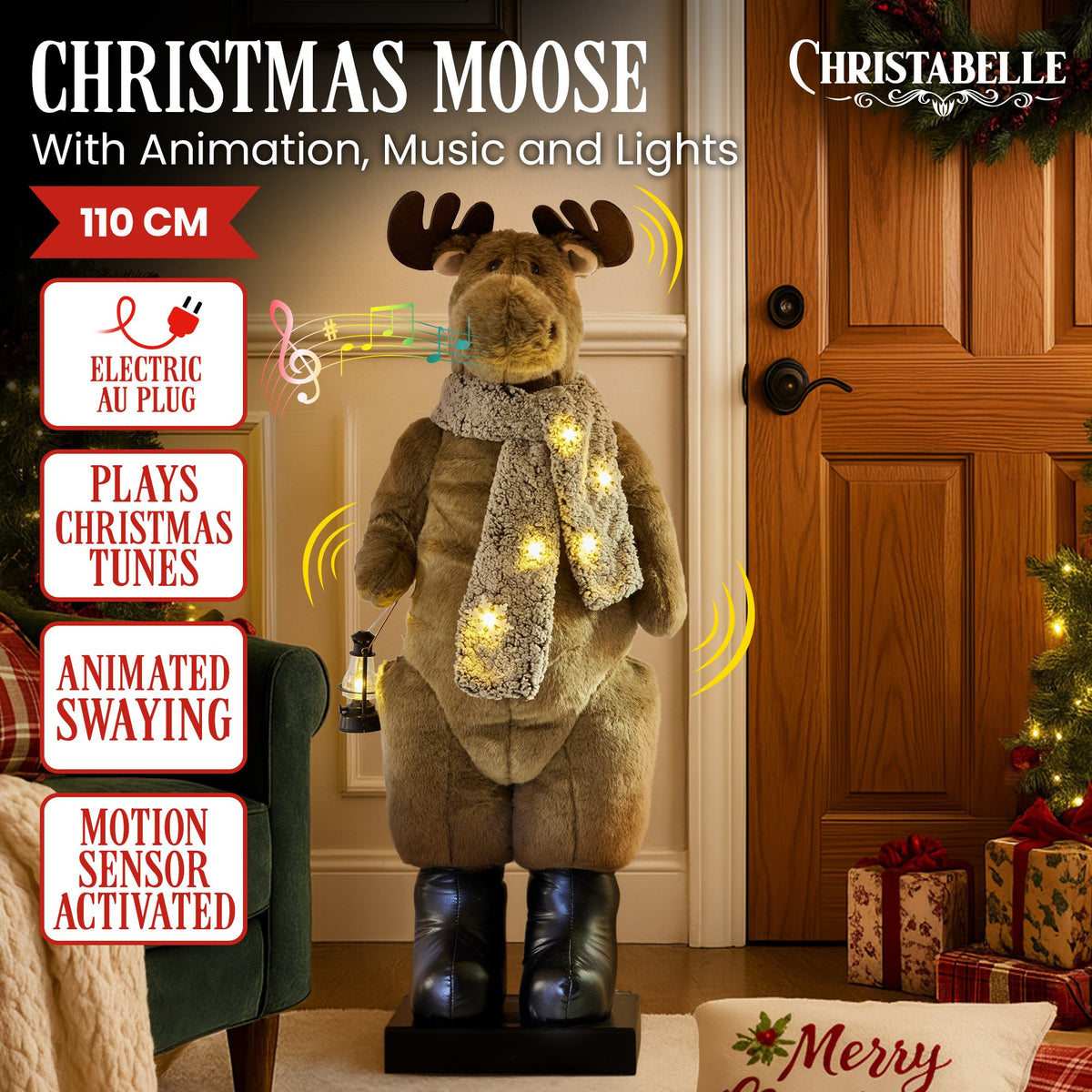 1.1m Musical LED Animated Christmas Moose Decoration Light-Up Lantern Ornament